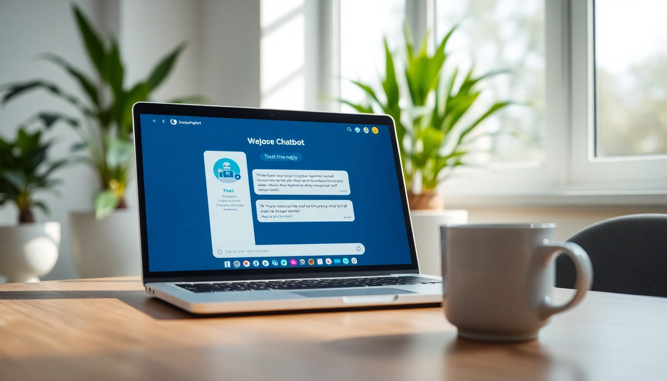 Engaging website chatbot on a laptop screen in a modern office, enhancing user interaction.