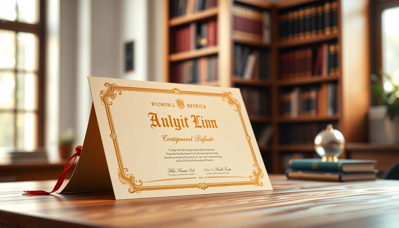 Showcase the best fake diplomas elegantly displayed on a wooden desk to symbolize achievement.