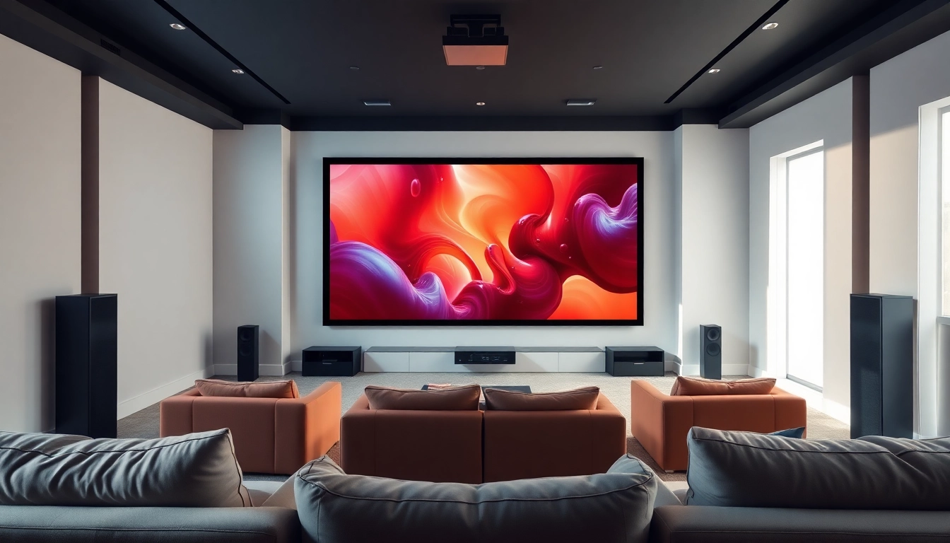View of a Fixed Frame Projection Screen in a stylish home theater setting.