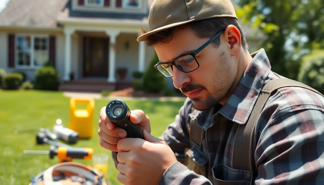 Pest management expert examining entry points with tools in a residential setting.