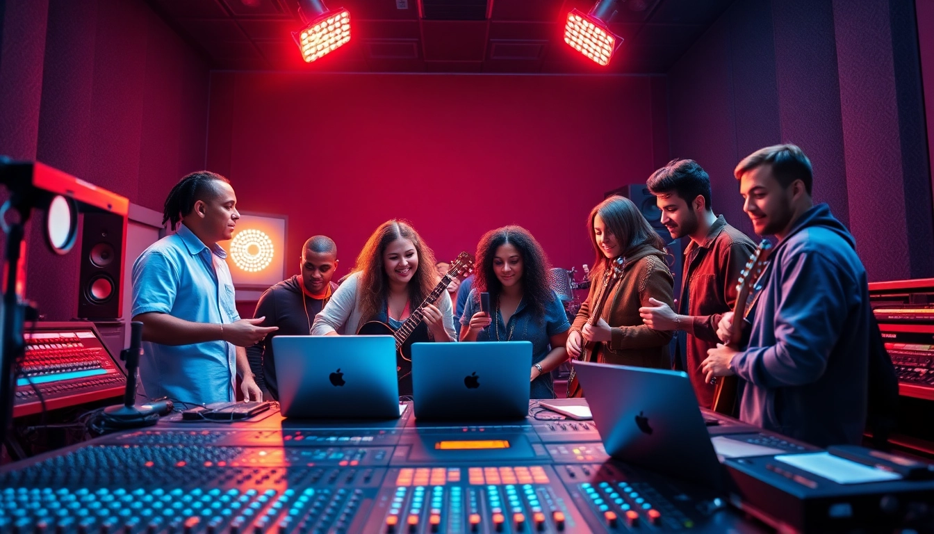 Artists engaging with music promotion services in a vibrant studio, showcasing collaboration.