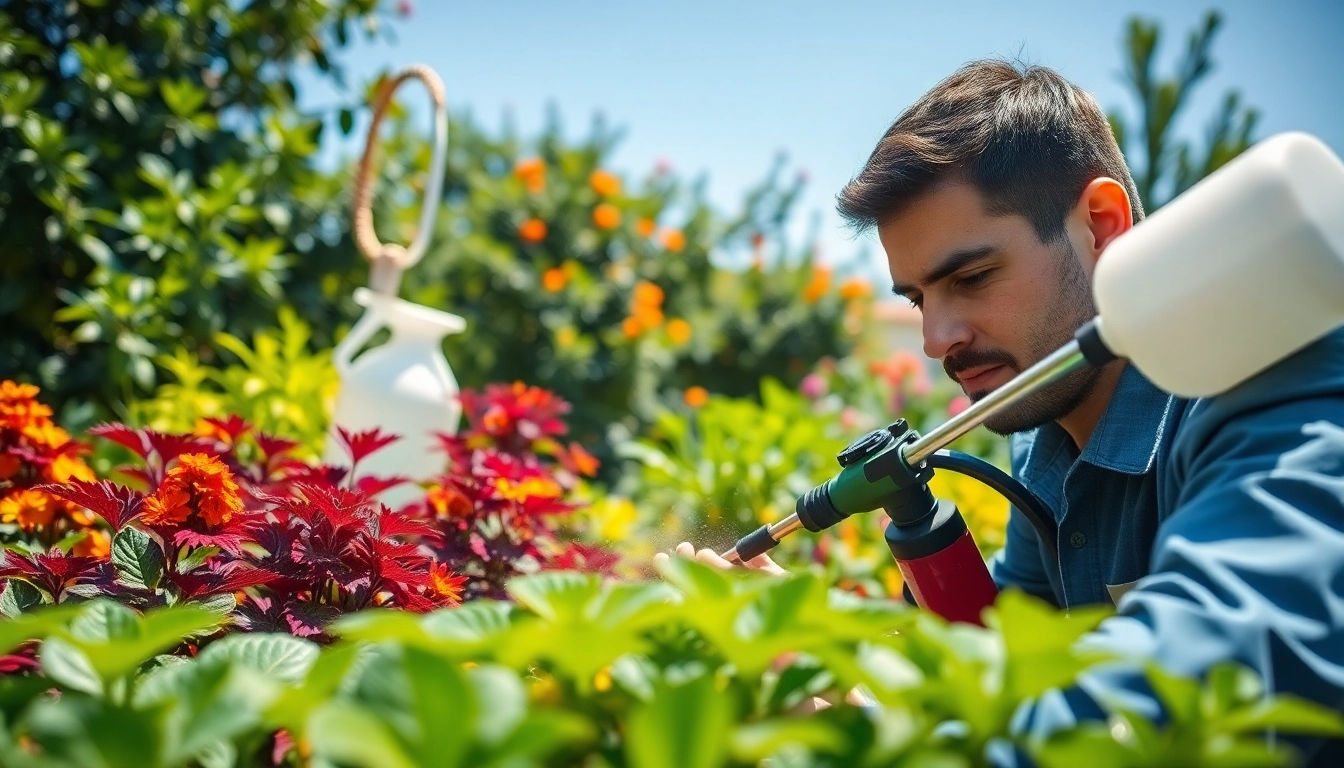 Pest management technician applying eco-friendly solutions in a vibrant garden setting.