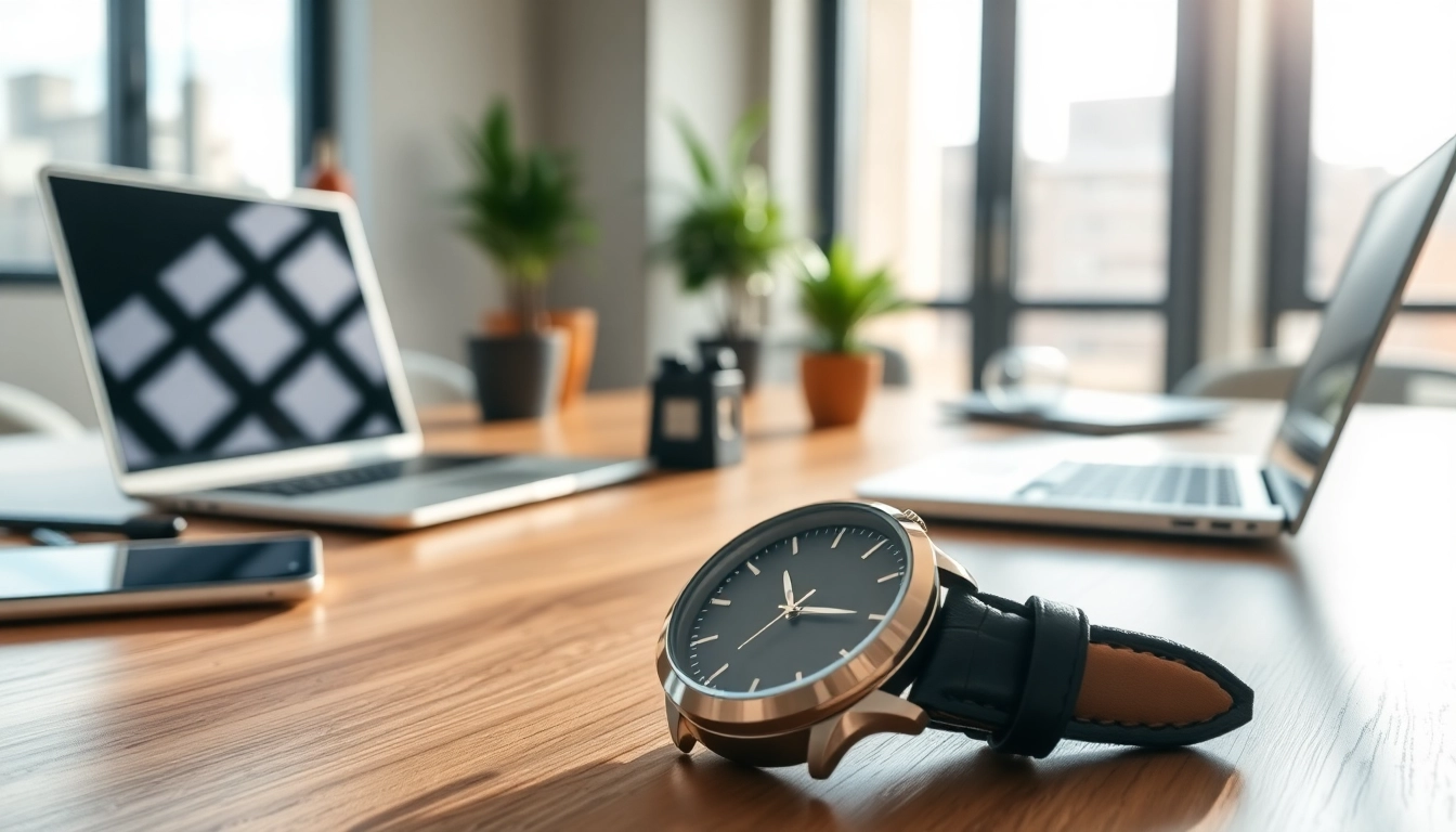 Herren Armbanduhren in eleganter Büroumgebung präsentieren, stilvolle Details hervorheben