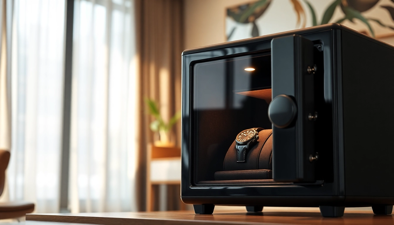 Showcase a premium watch safe with innovative design features in a modern setting.