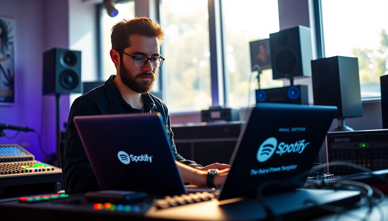 Enhance your Spotify promotion with a professional musician strategizing in a vibrant studio.