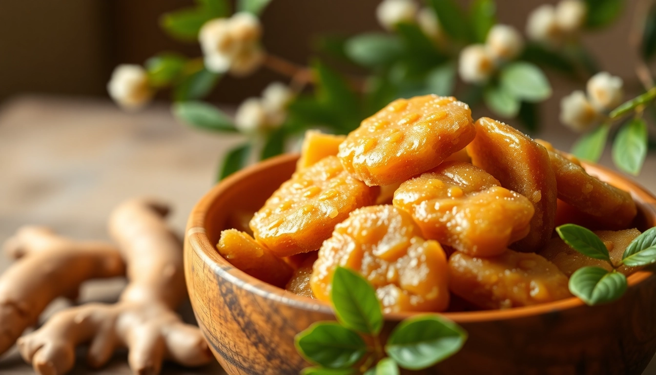 Relish Ginger Candy for Nausea arranged artistically in a bowl with ginger roots.