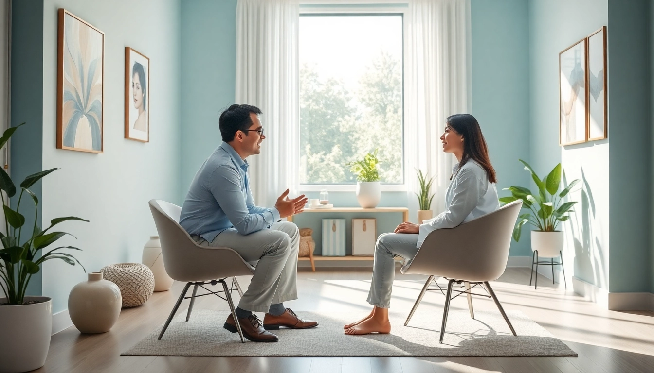 Anxiety treatment dubai session with a therapist guiding a client in a calming clinic environment.