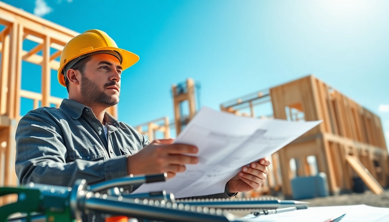 Electrical Contractor reviewing blueprints at a construction site with tools and plans nearby.