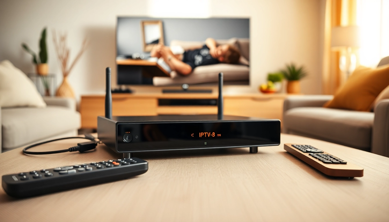 Comprar IPTV en un moderno dispositivo de streaming en una sala de estar acogedora con luz natural.
