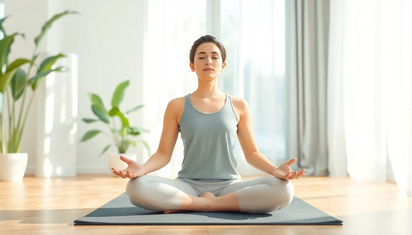 Practicing mindfulness for dealing with stress through yoga in a serene environment.
