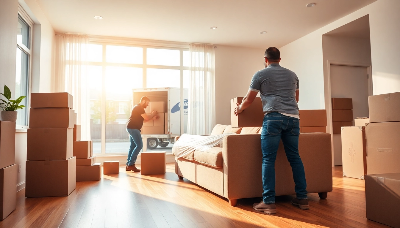 Movers Toronto professionals efficiently packing and arranging furniture in a bright living room.