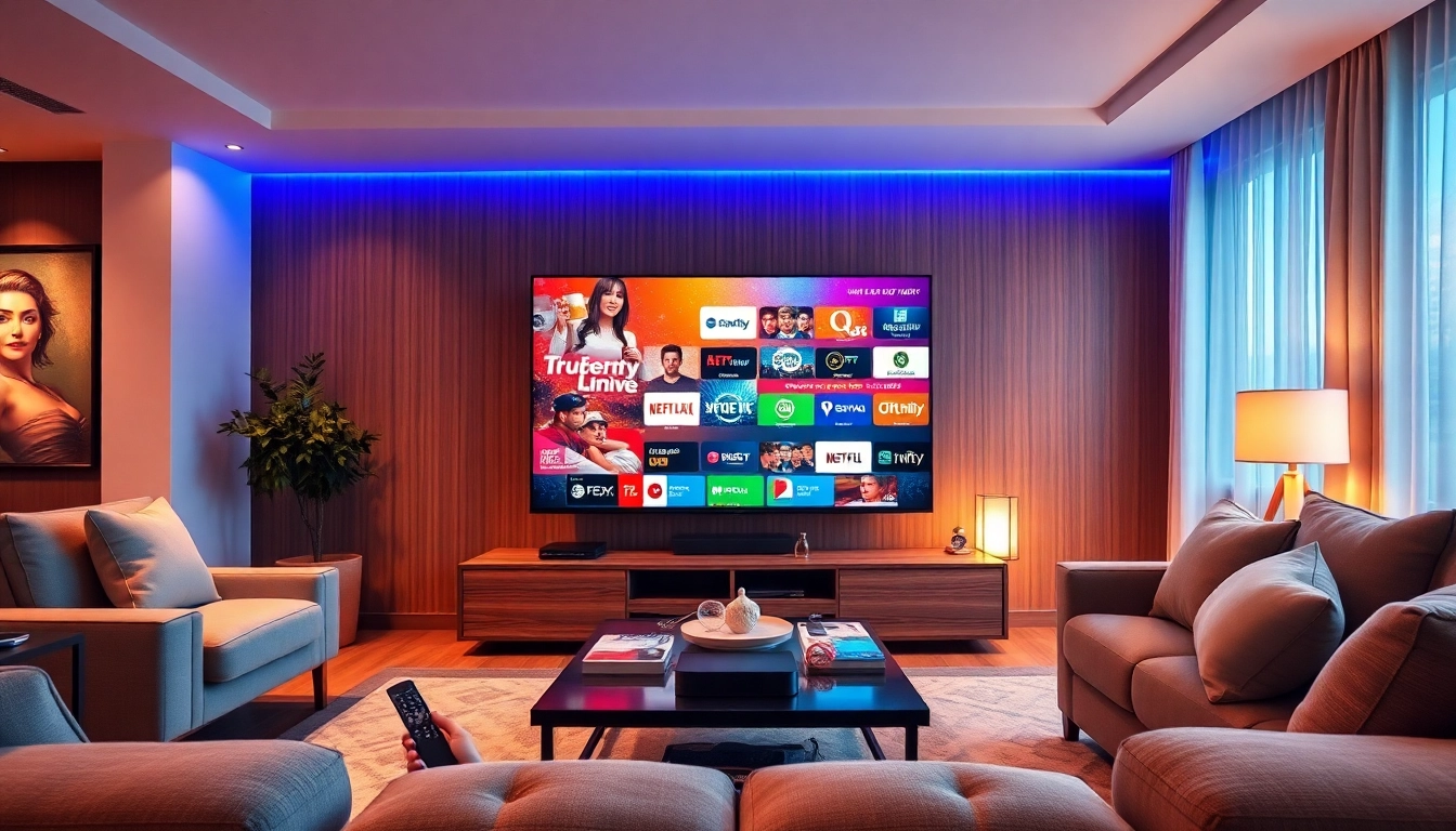 Comprar IPTV en un entorno moderno de sala de estar con canales vibrantes.