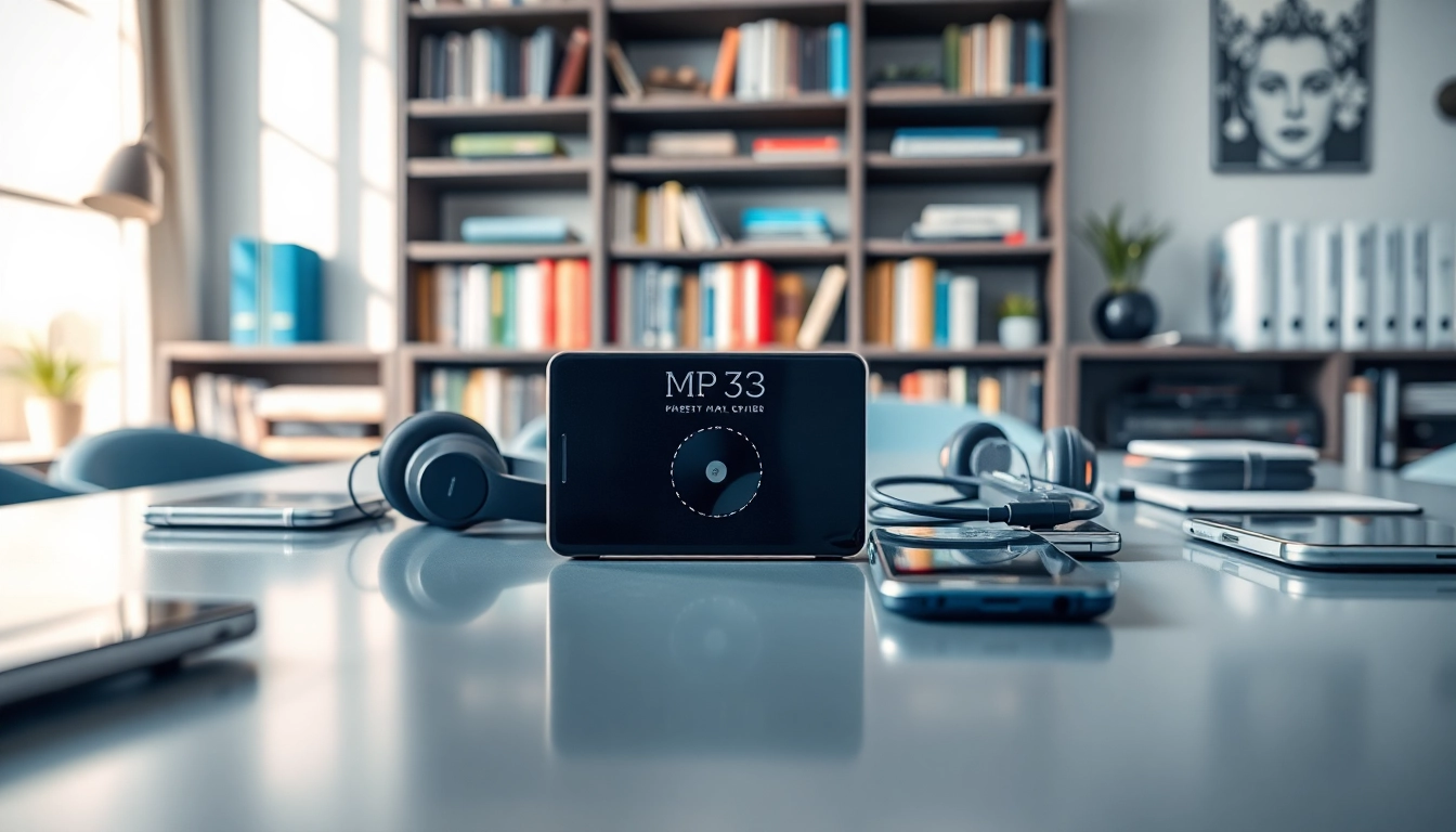 Explore the sleek design of the MP3 player featured on https://hardwareplayer.com with vibrant tech elements.