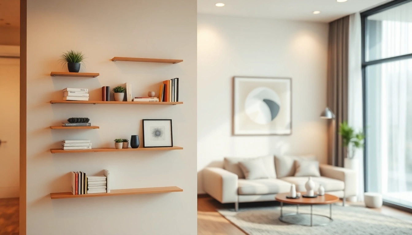 Decorative minimalist wall rack holding books and plants in a modern living space