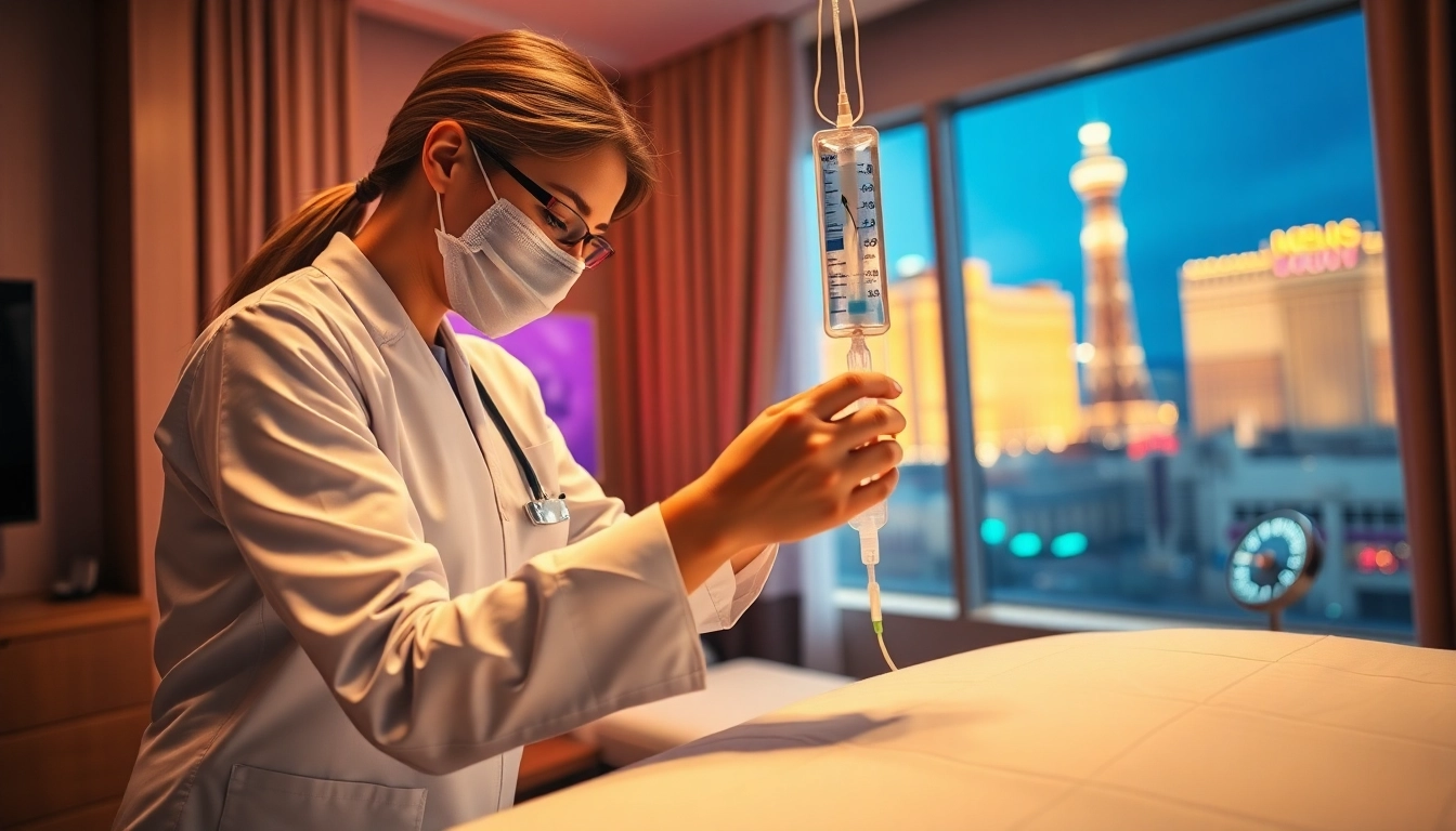 Administering vegas iv treatment in a vibrant Las Vegas hotel room, showcasing care and expertise.