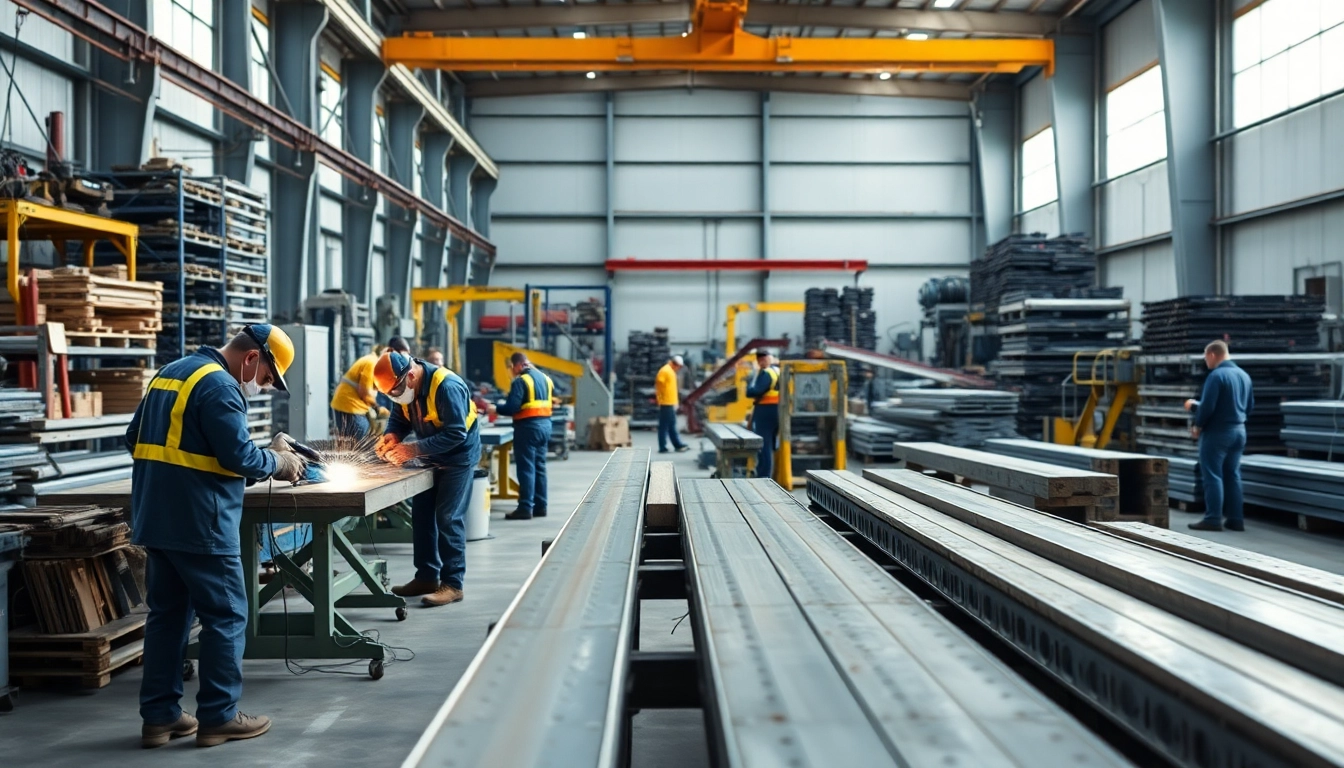 Showcasing custom steel fabrication in a busy workshop highlighting skilled workers and advanced machinery.