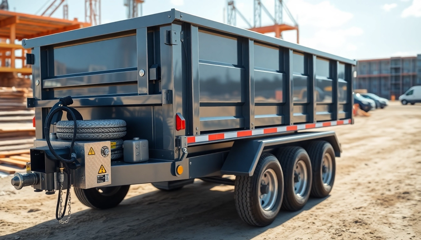 Find dump trailer for sale near me with a robust design showcased in a construction setting.