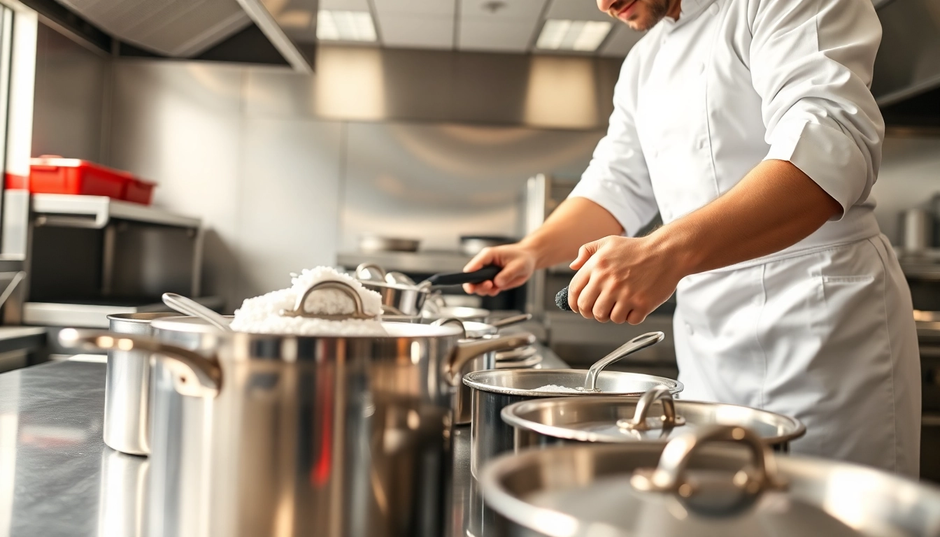 Chef engaged in Restaurant Cooking Appliance Cleaning, showcasing shine and dedication in a modern kitchen.