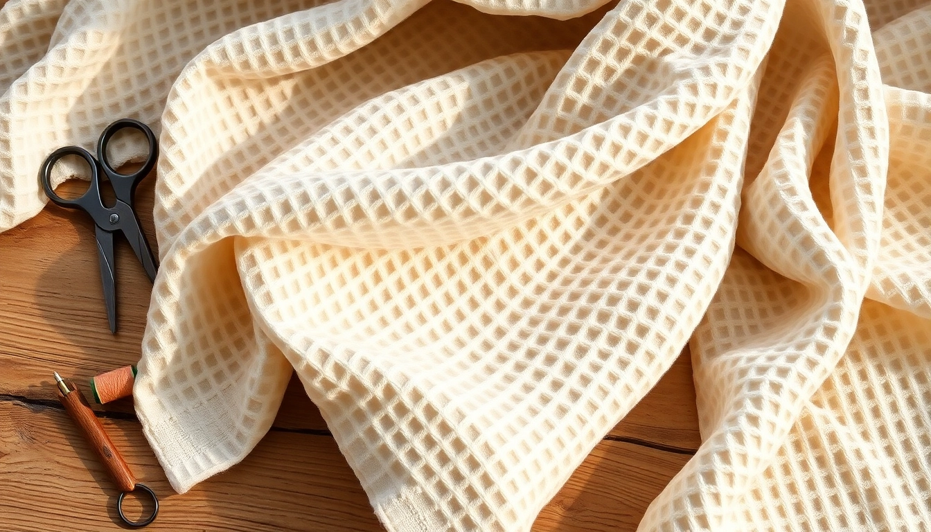 Wafeldoek stof met unieke textuur op een houten tafel voor creatieve projecten.